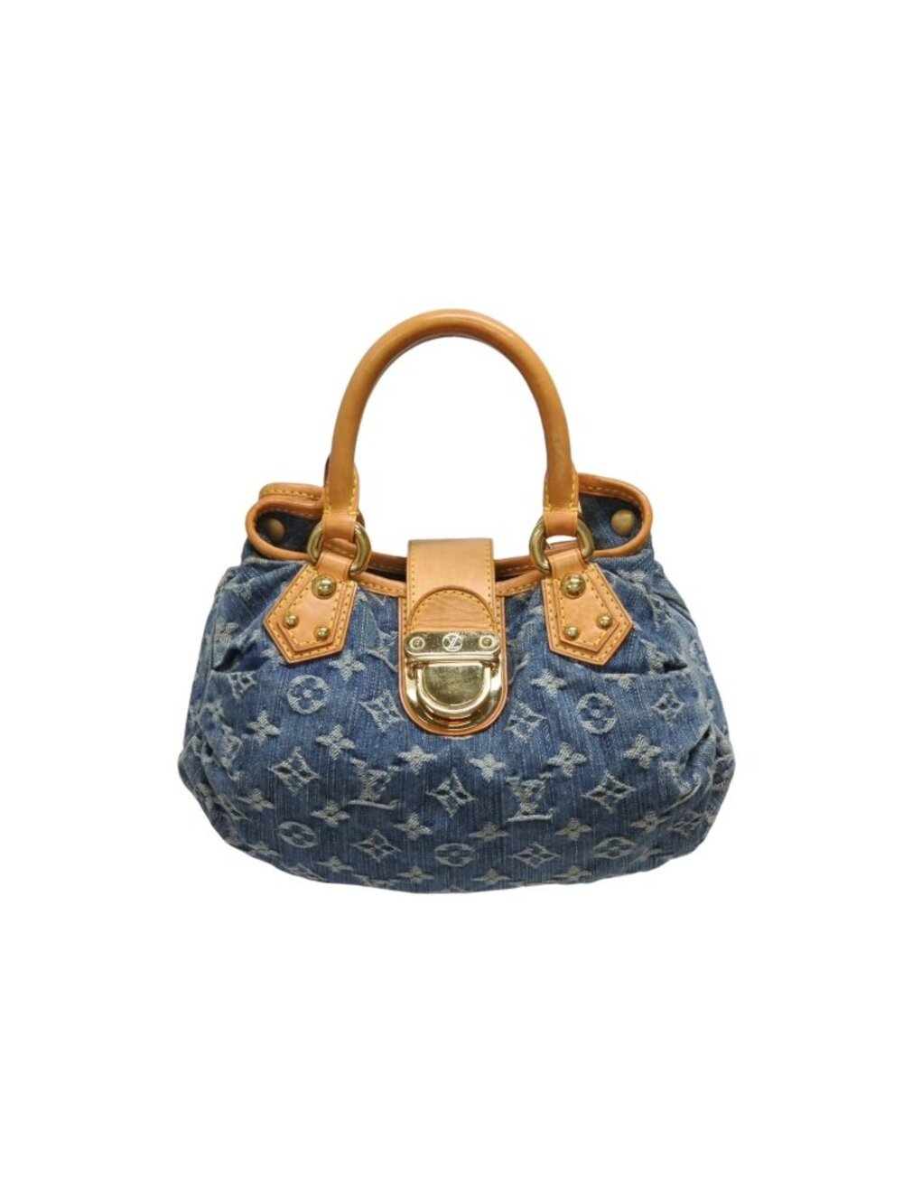 Louis Vuitton Pleaty Handbag Monogram Denim Leather Blue Gold